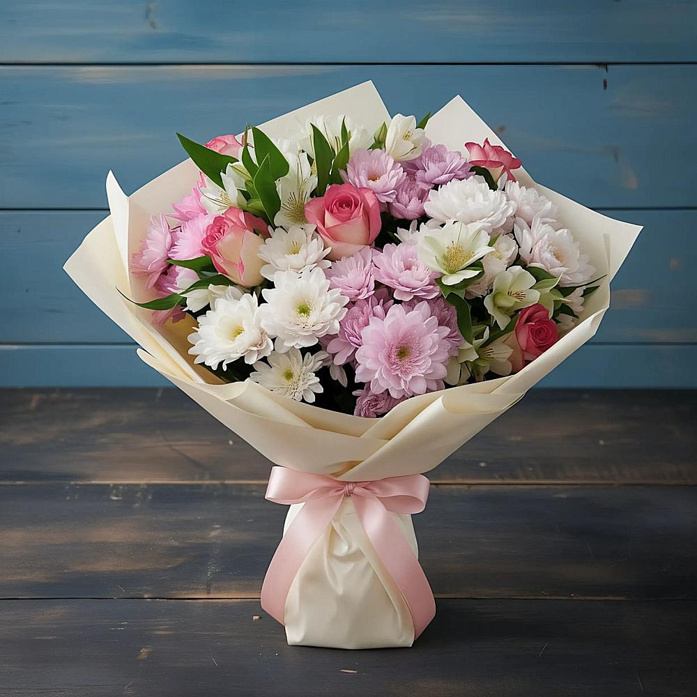 Букет цветов из: Хризантемы, Альстромерии и Розы в Мартемьяново